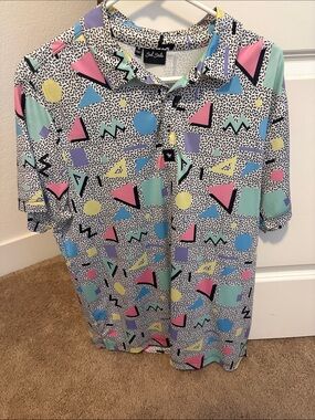 Bad Birdie Retro Geo-Print Polo in Pink, Blue, Yellow & Mint